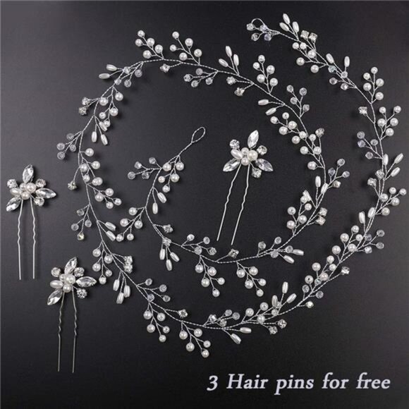 Bridal Rose Gold & Silver Pearl & Crystal Hair Vine – Extra Long Headpiece - Picture 4 of 7